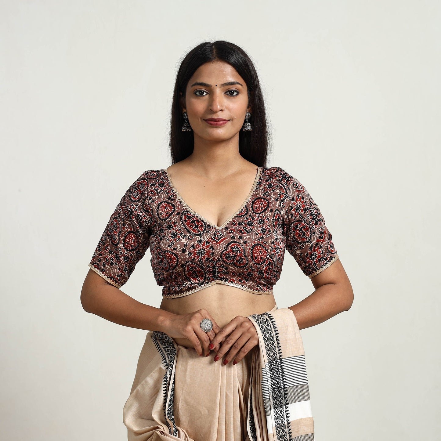 Brown Modal Silk Block Print Stitched Ajrakh Blouse Online