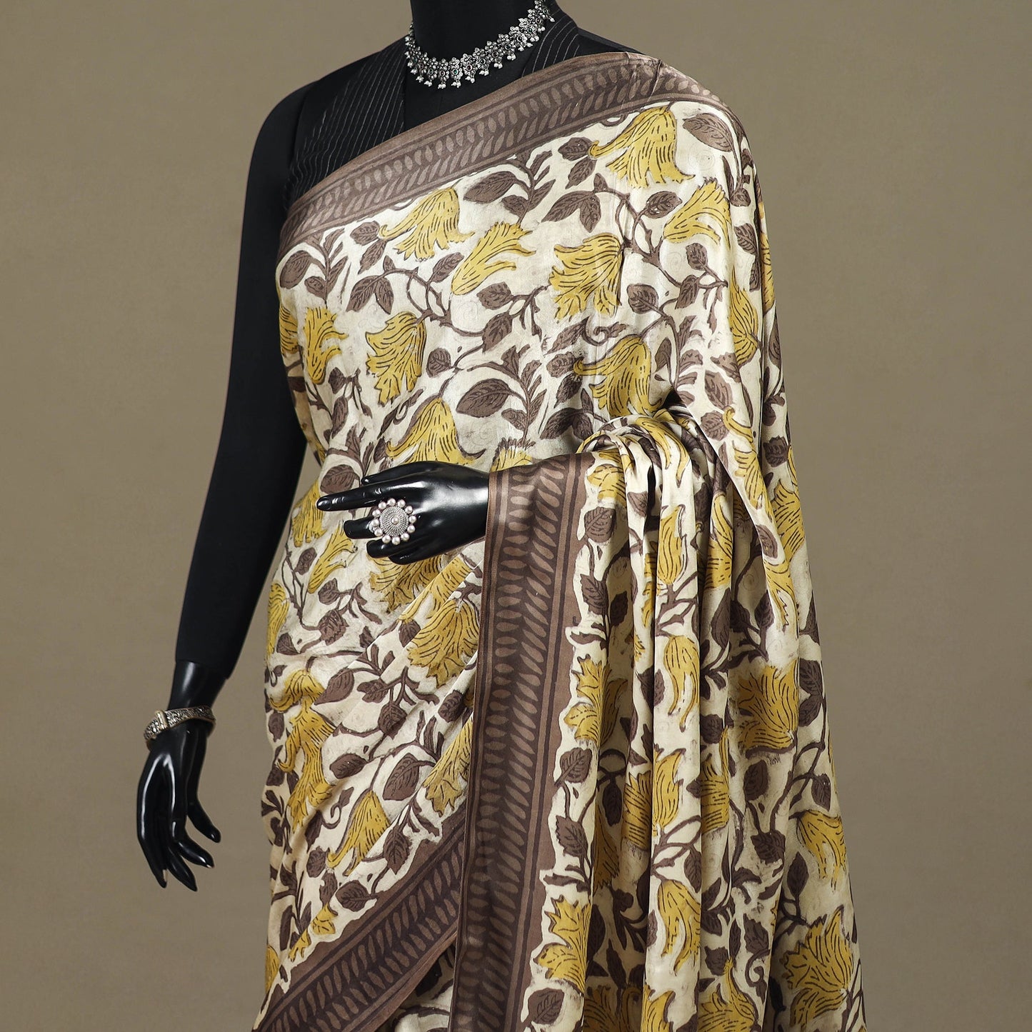 Brown - modal silk hand bagru saree 08 - handcrafted