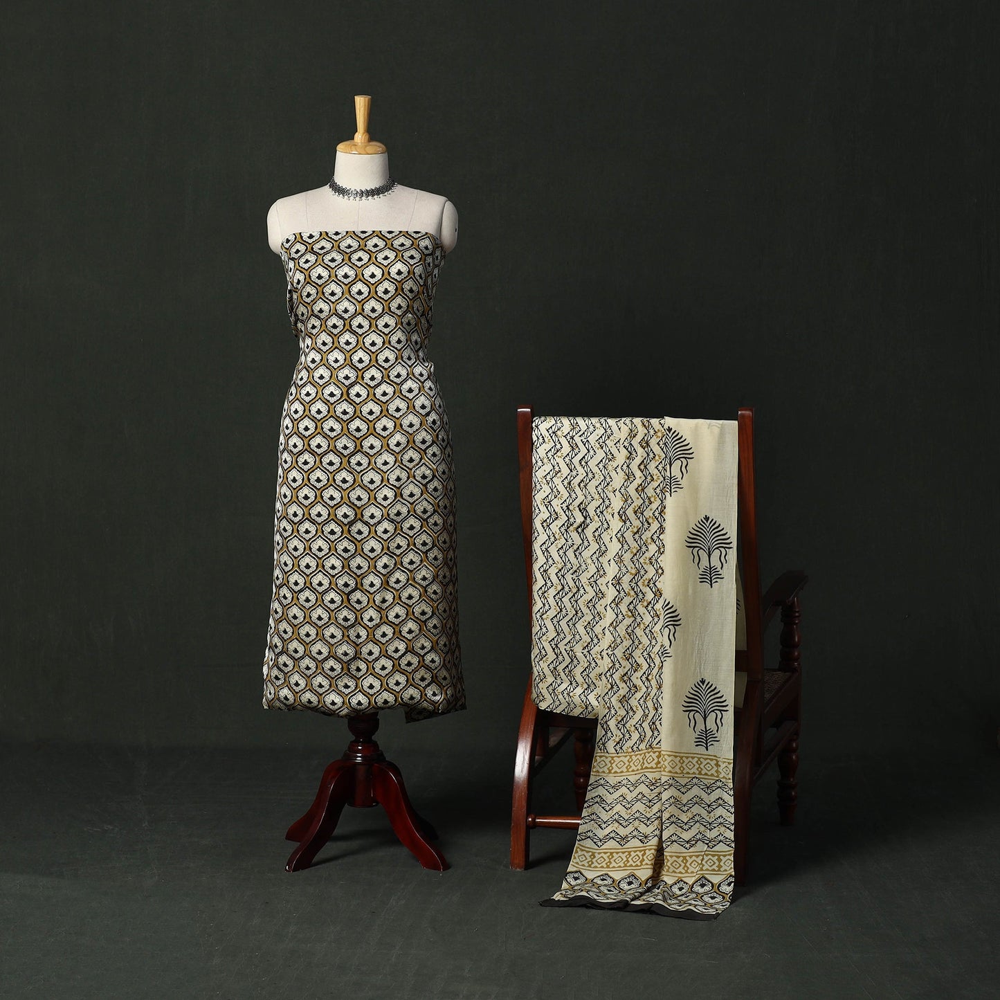 Modal silk hand block bagru print 3pc unstitched dress