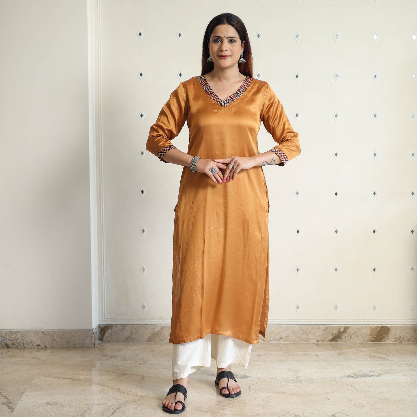 Brown - modal silk plain long straight kurta 46