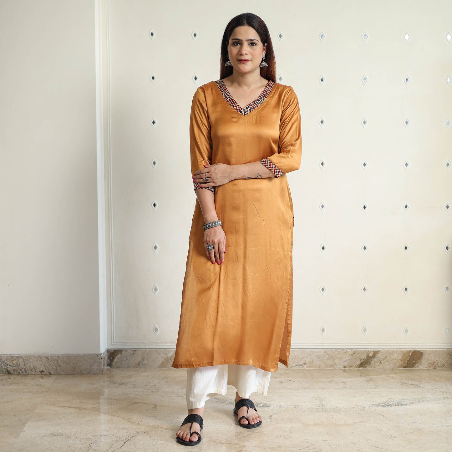 Brown - modal silk plain long straight kurta 46