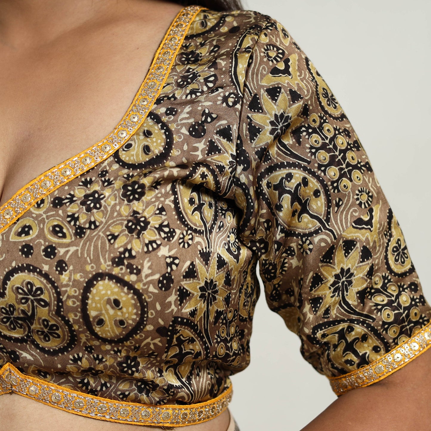 Brown Modal Silk Block Print Stitched Ajrakh Blouse 