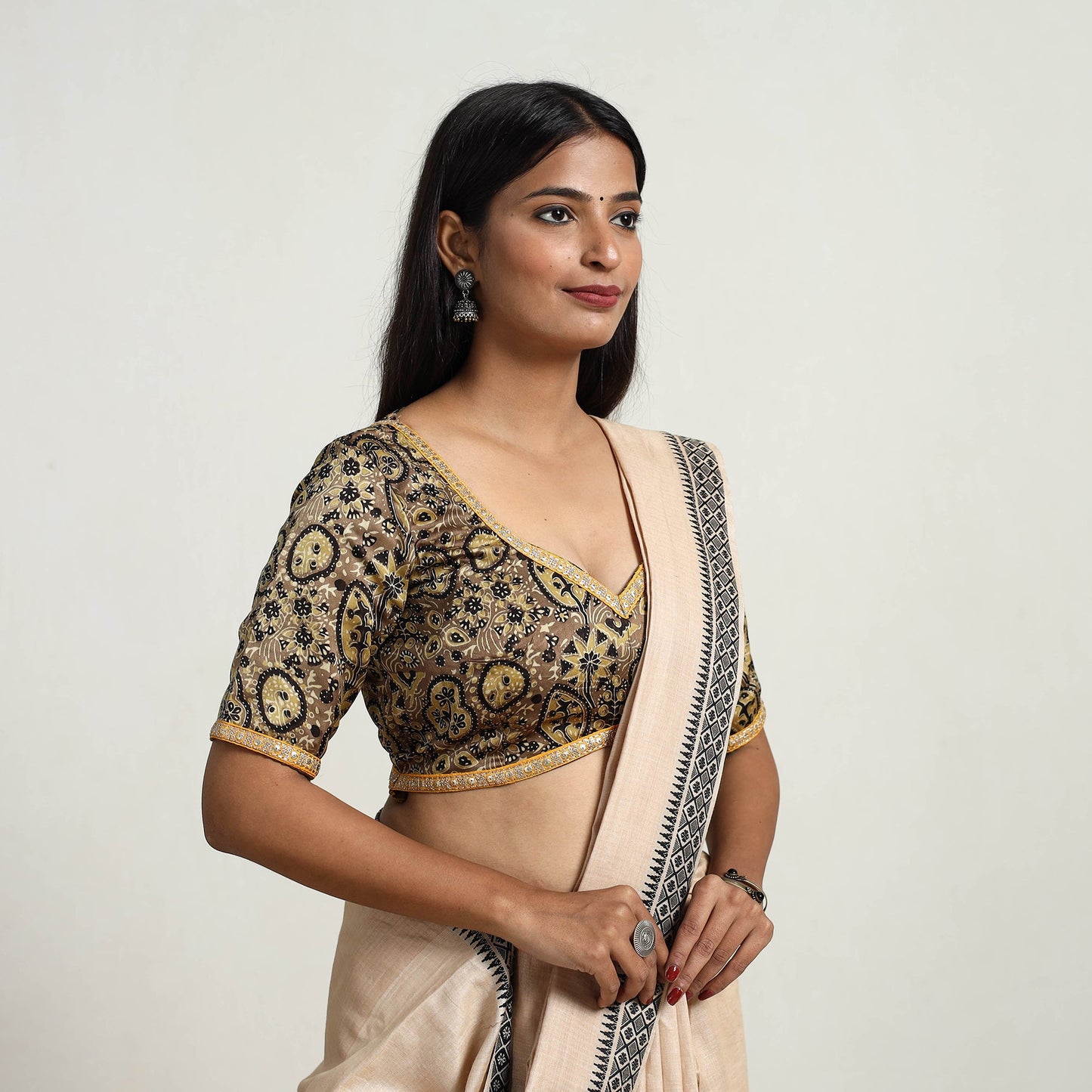 Brown Modal Silk Block Print Stitched Ajrakh Blouse 