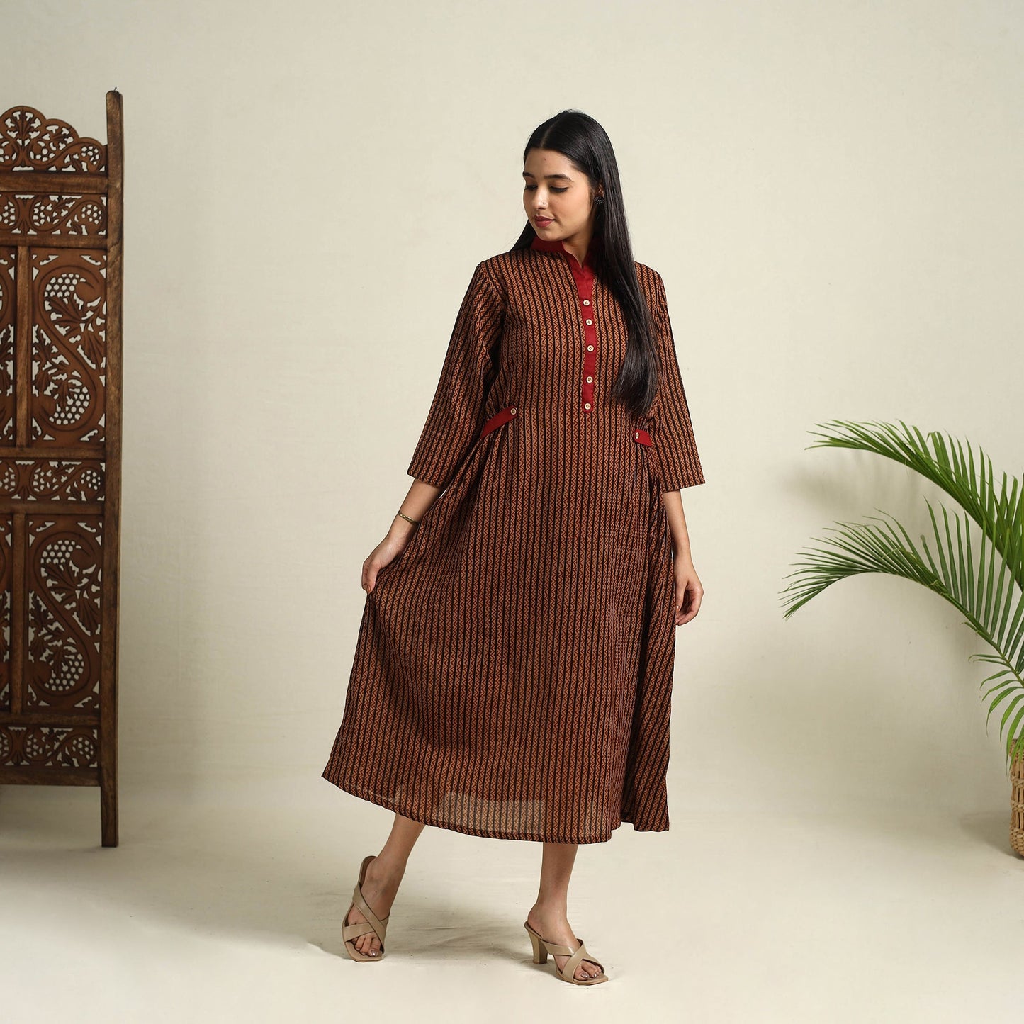  Brown Block Print Mul Cotton Bagh Dress