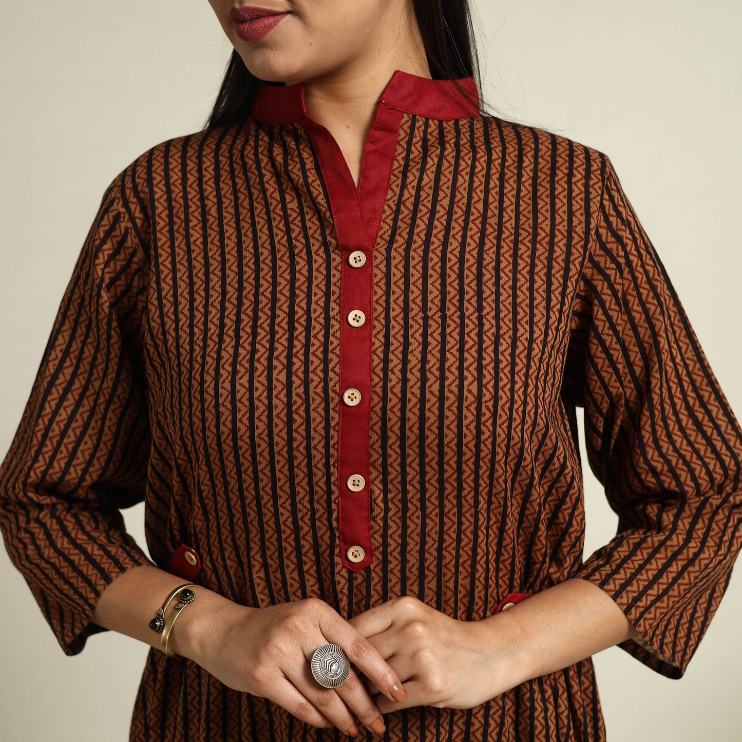  Brown Block Print Mul Cotton Bagh Dress