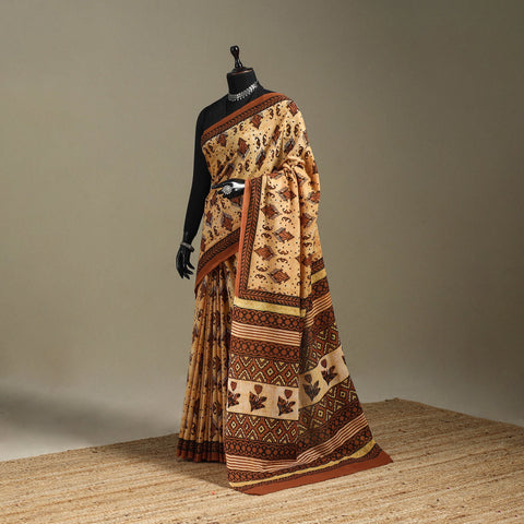 Orange - mul cotton bagru saree 04 - handcrafted