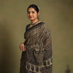  Brown Mul Cotton Block Print  Ajrakh Saree
