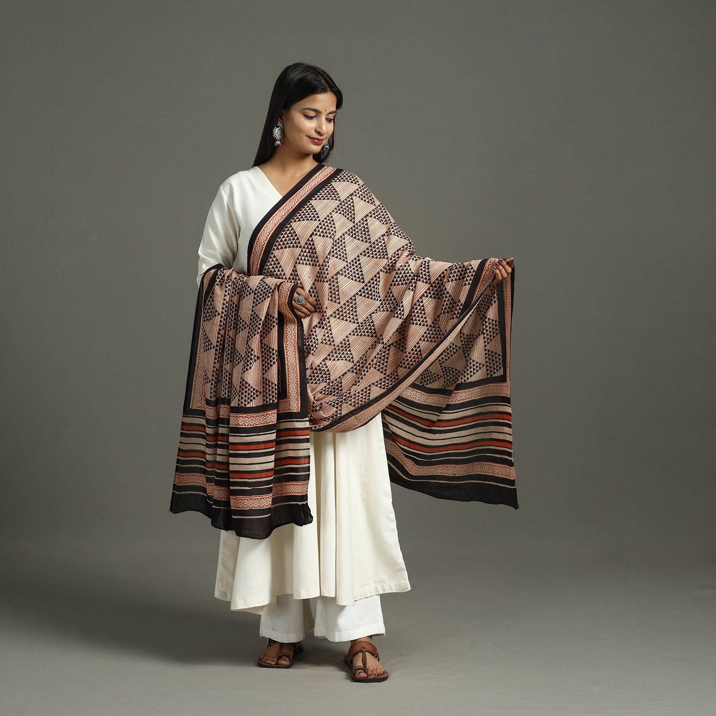  Brown Block Print Mul Cotton Dabu Bagru Dupatta