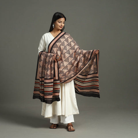  Brown Block Print Mul Cotton Dabu Bagru Dupatta