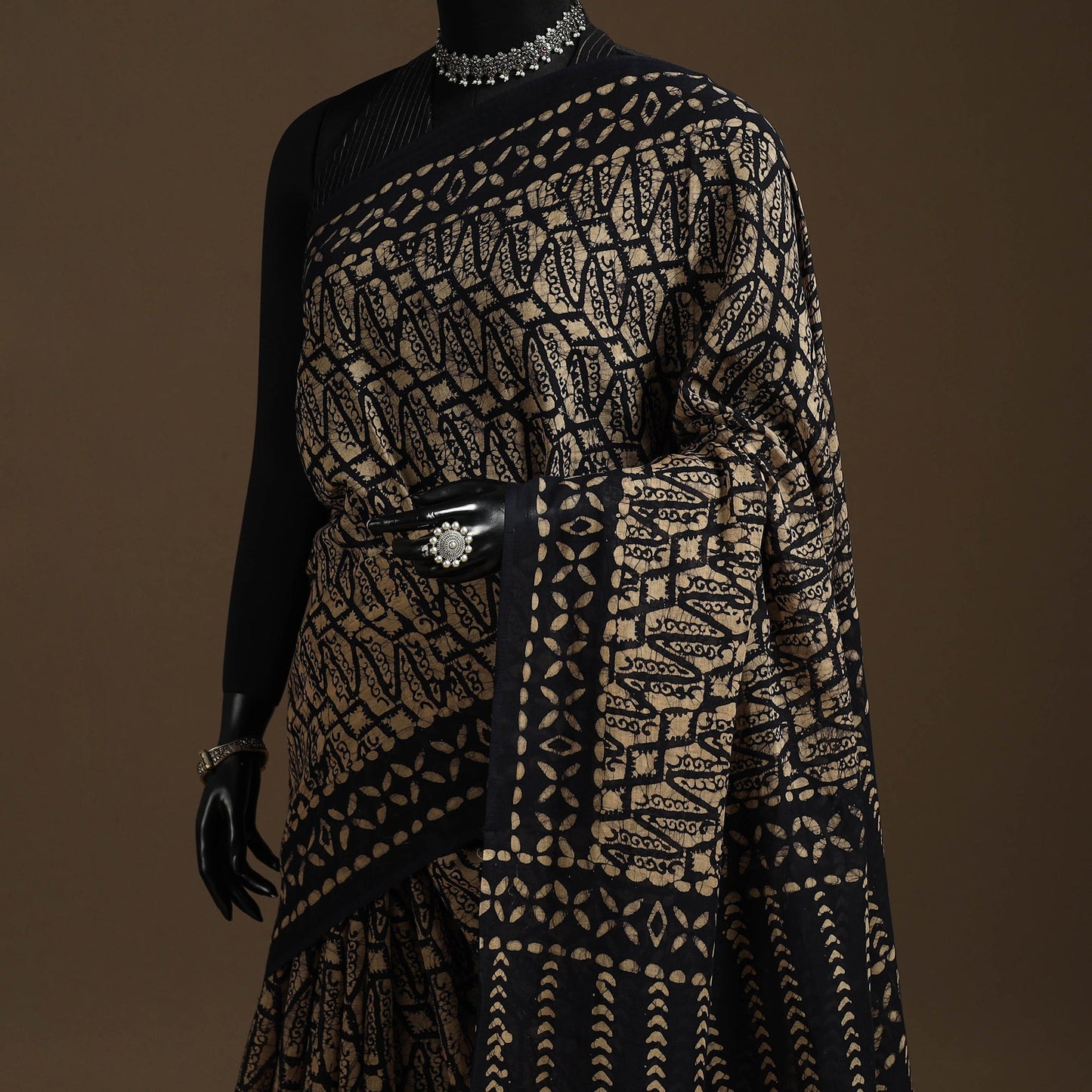 Brown - mul cotton hand batik saree 08 - handcrafted