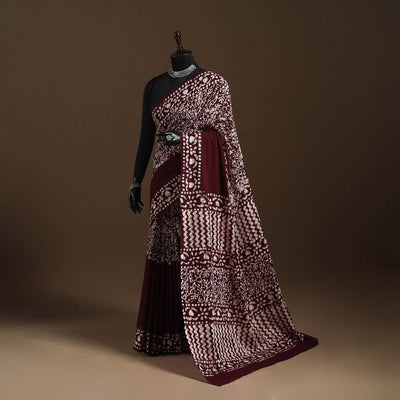 Brown - mul cotton hand batik saree 23 - handcrafted