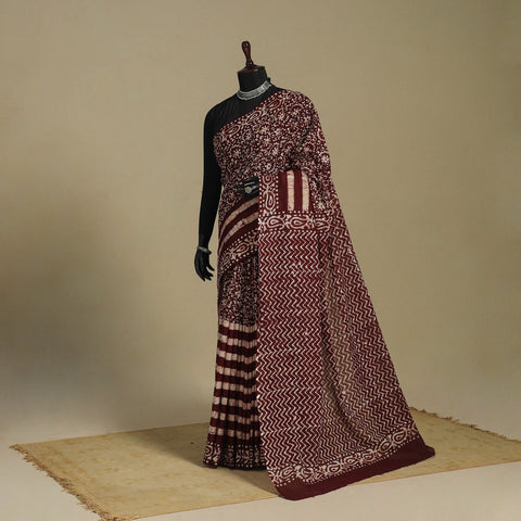 Brown - mul cotton hand batik saree 51 - handcrafted