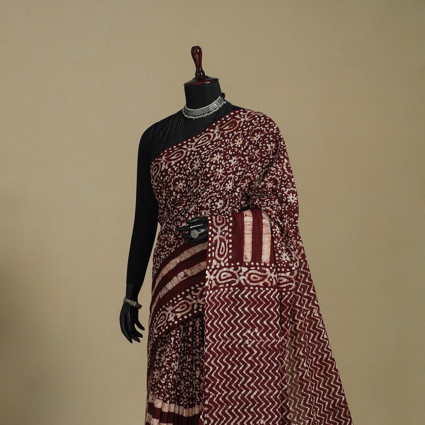Brown - mul cotton hand batik saree 51 - handcrafted