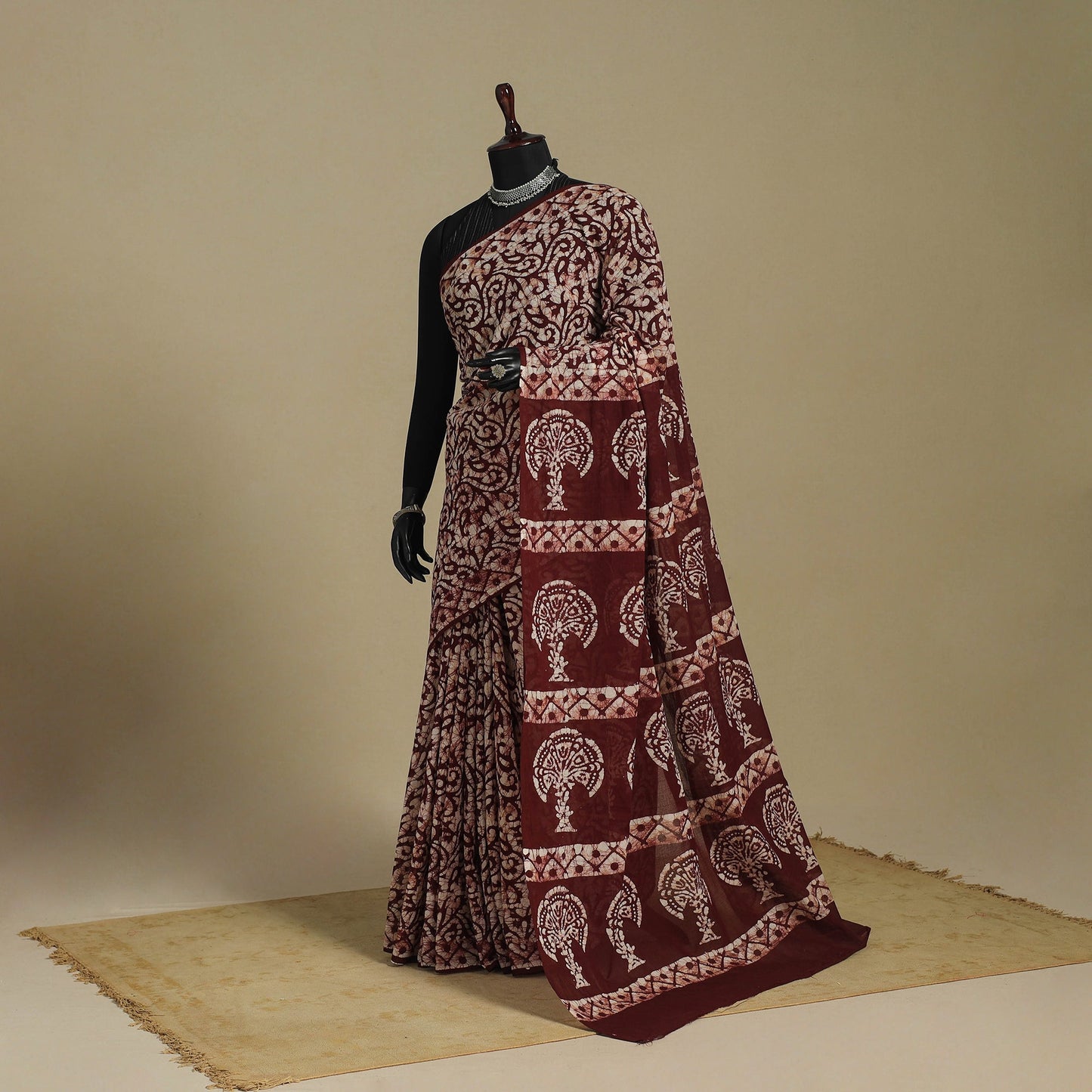 Brown - mul cotton hand batik saree 52 - handcrafted