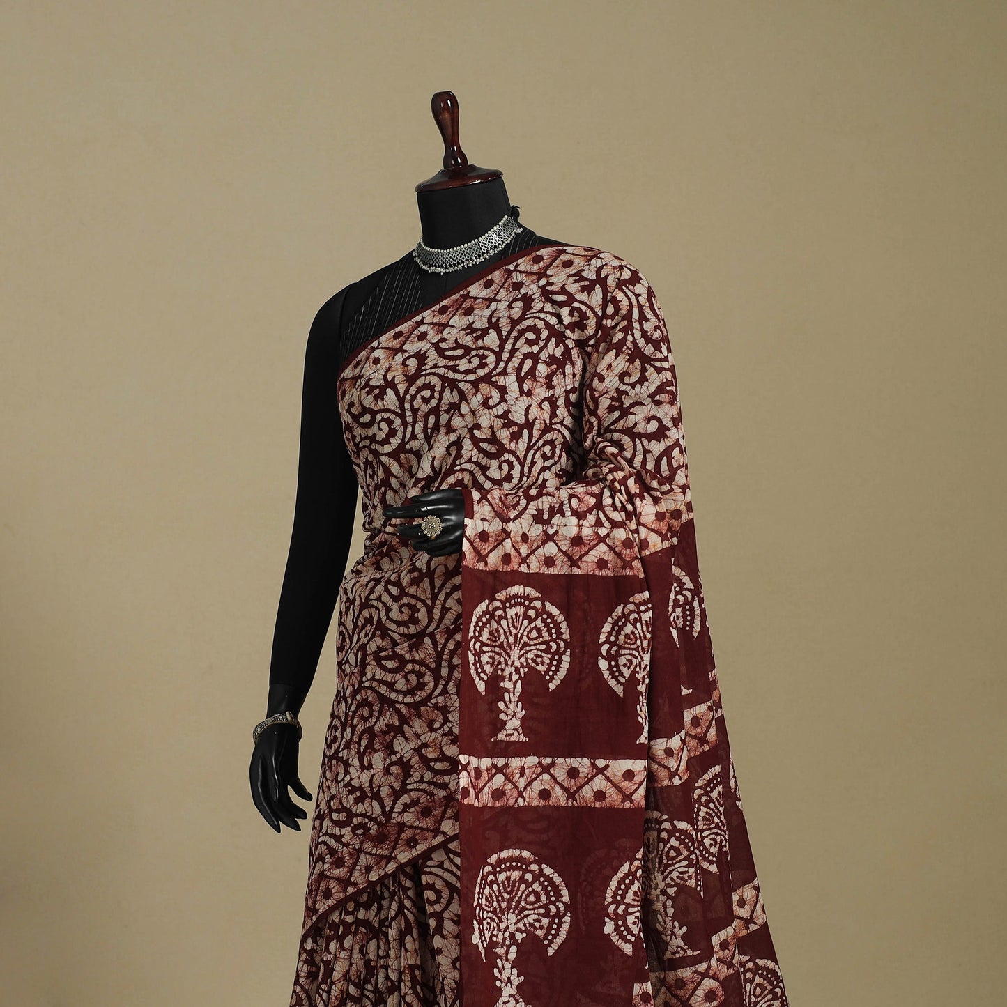 Brown - mul cotton hand batik saree 52 - handcrafted