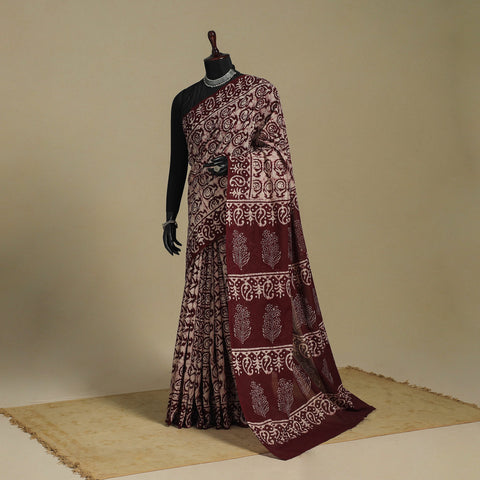 Brown - mul cotton hand batik saree 63 - handcrafted