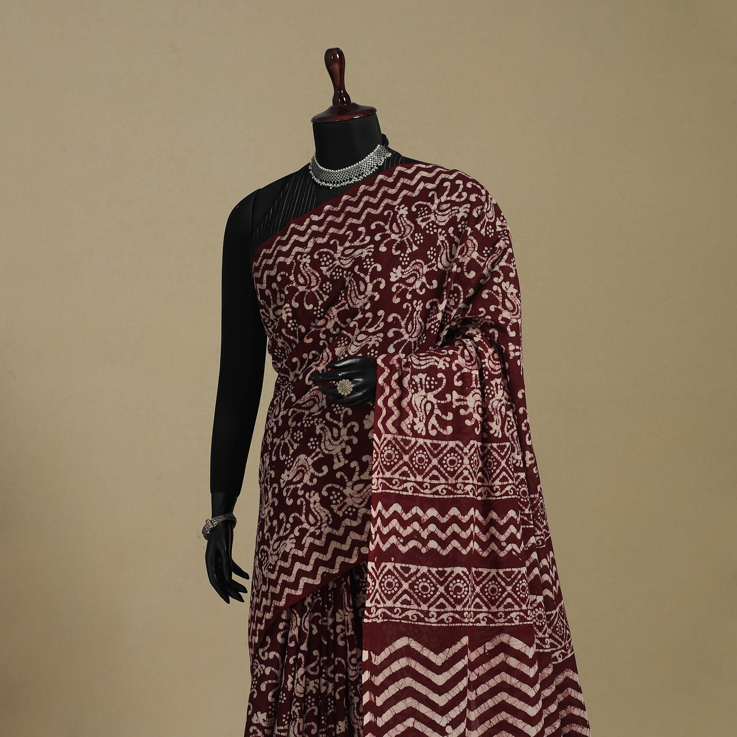 Brown - mul cotton hand batik saree 65 - handcrafted