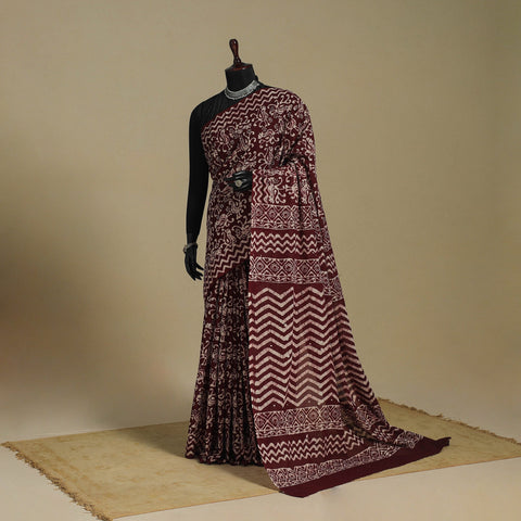 Brown - mul cotton hand batik saree 65 - handcrafted