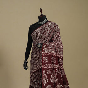 Brown - mul cotton hand batik saree 67 - handcrafted