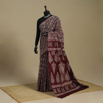 Brown - mul cotton hand batik saree 67 - handcrafted
