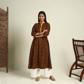 Buy Brown Block Print Mul Cotton A-Line Bagh Kurta for Women