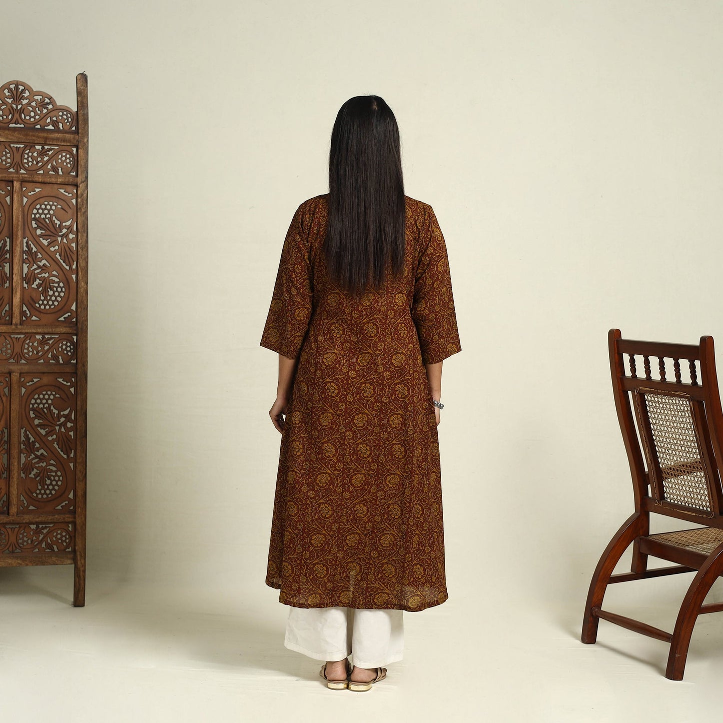 Buy Brown Block Print Mul Cotton A-Line Bagh Kurta for Women