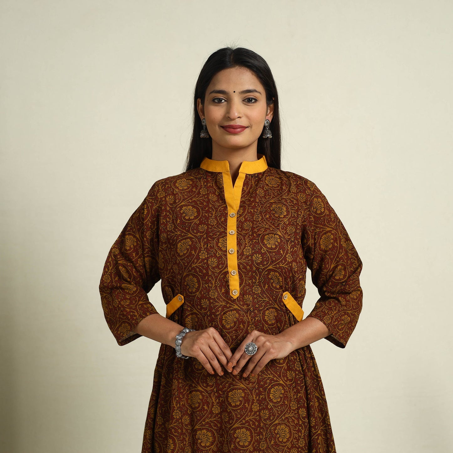 Buy Brown Block Print Mul Cotton A-Line Bagh Kurta for Women
