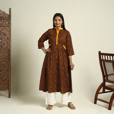 Buy Brown Block Print Mul Cotton A-Line Bagh Kurta for Women