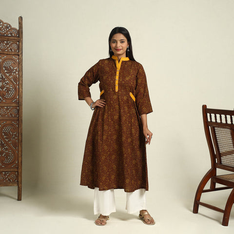 Buy Brown Block Print Mul Cotton A-Line Bagh Kurta for Women