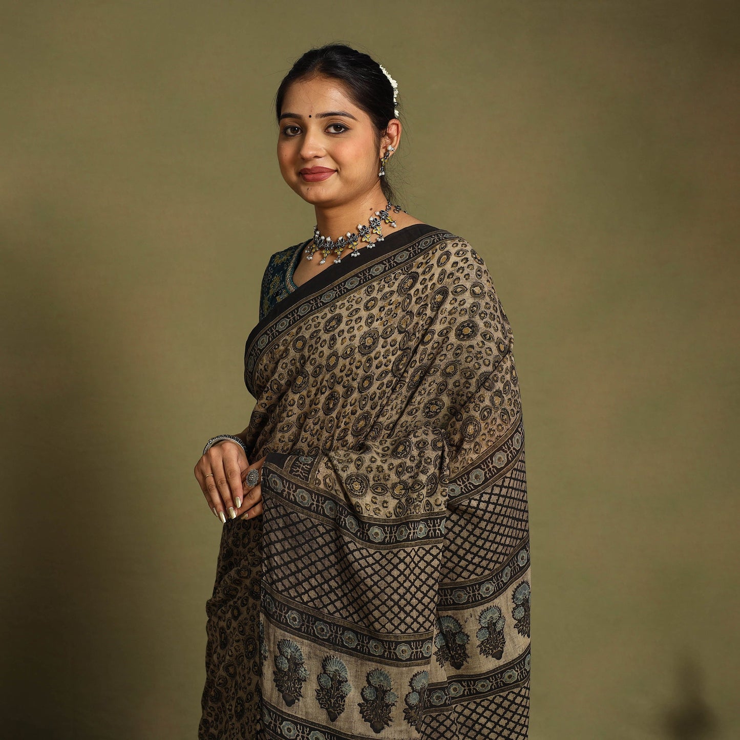  Brown Mul Cotton Block Print  Ajrakh Saree
