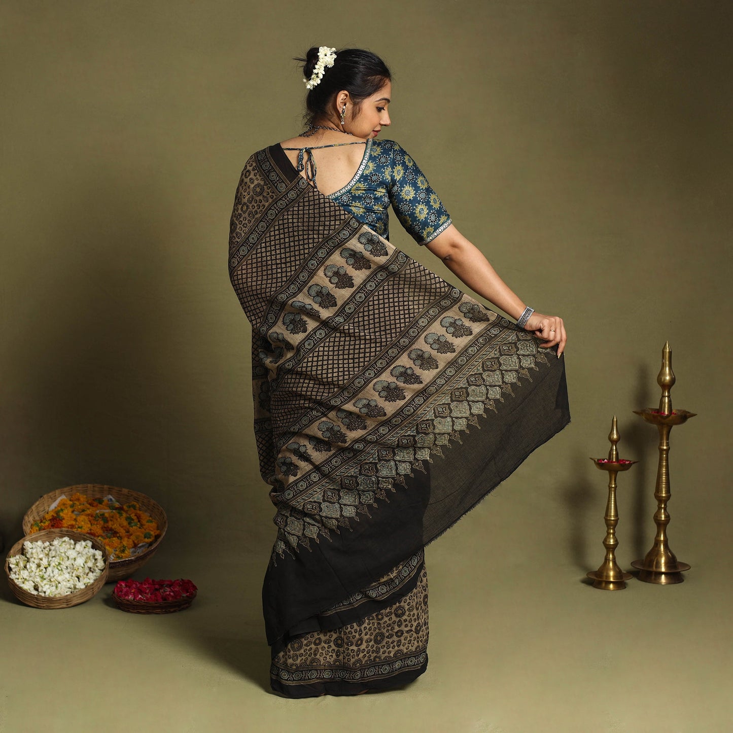  Brown Mul Cotton Block Print  Ajrakh Saree