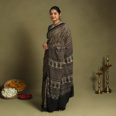  Brown Mul Cotton Block Print  Ajrakh Saree