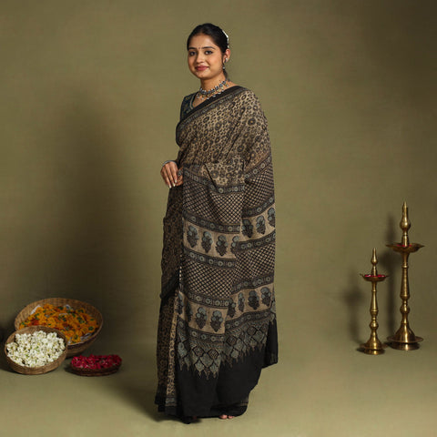  Brown Mul Cotton Block Print  Ajrakh Saree