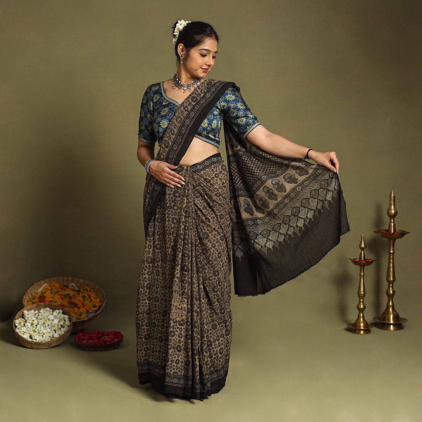  Brown Mul Cotton Block Print  Ajrakh Saree