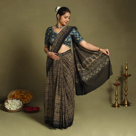  Brown Mul Cotton Block Print  Ajrakh Saree