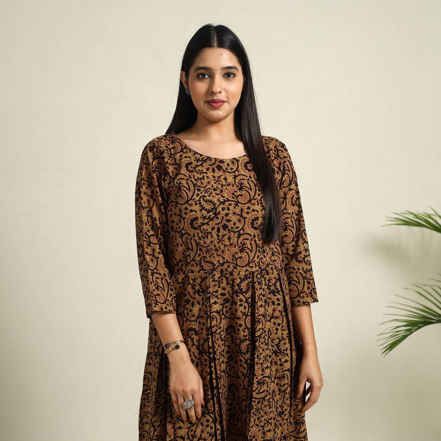  Brown Block Print Mul Cotton Short Flared Bagh Dress