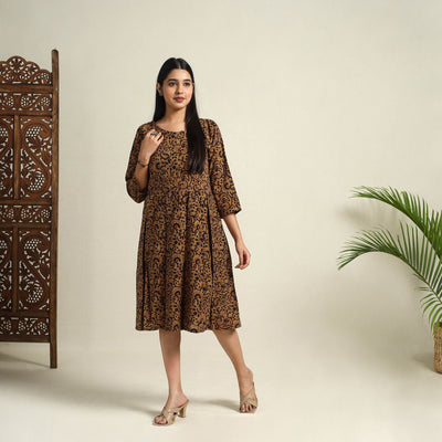  Brown Block Print Mul Cotton Short Flared Bagh Dress