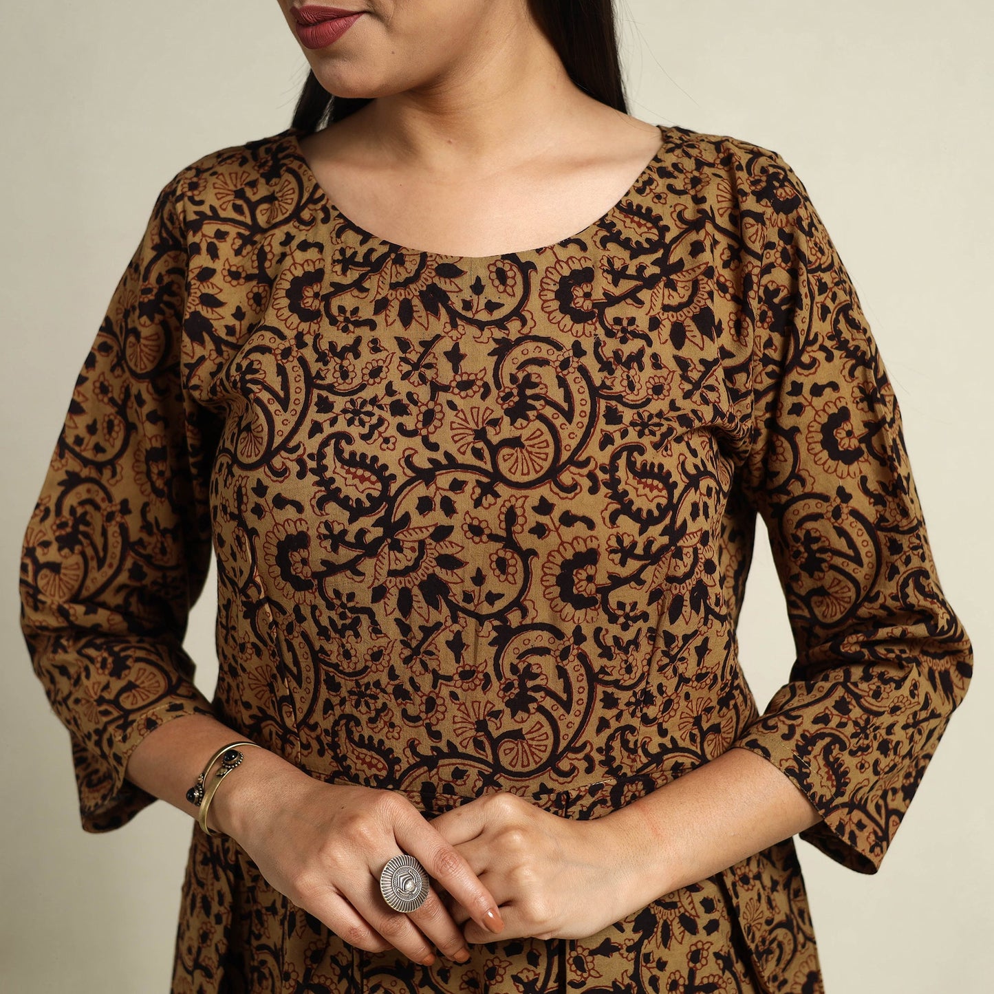  Brown Block Print Mul Cotton Short Flared Bagh Dress