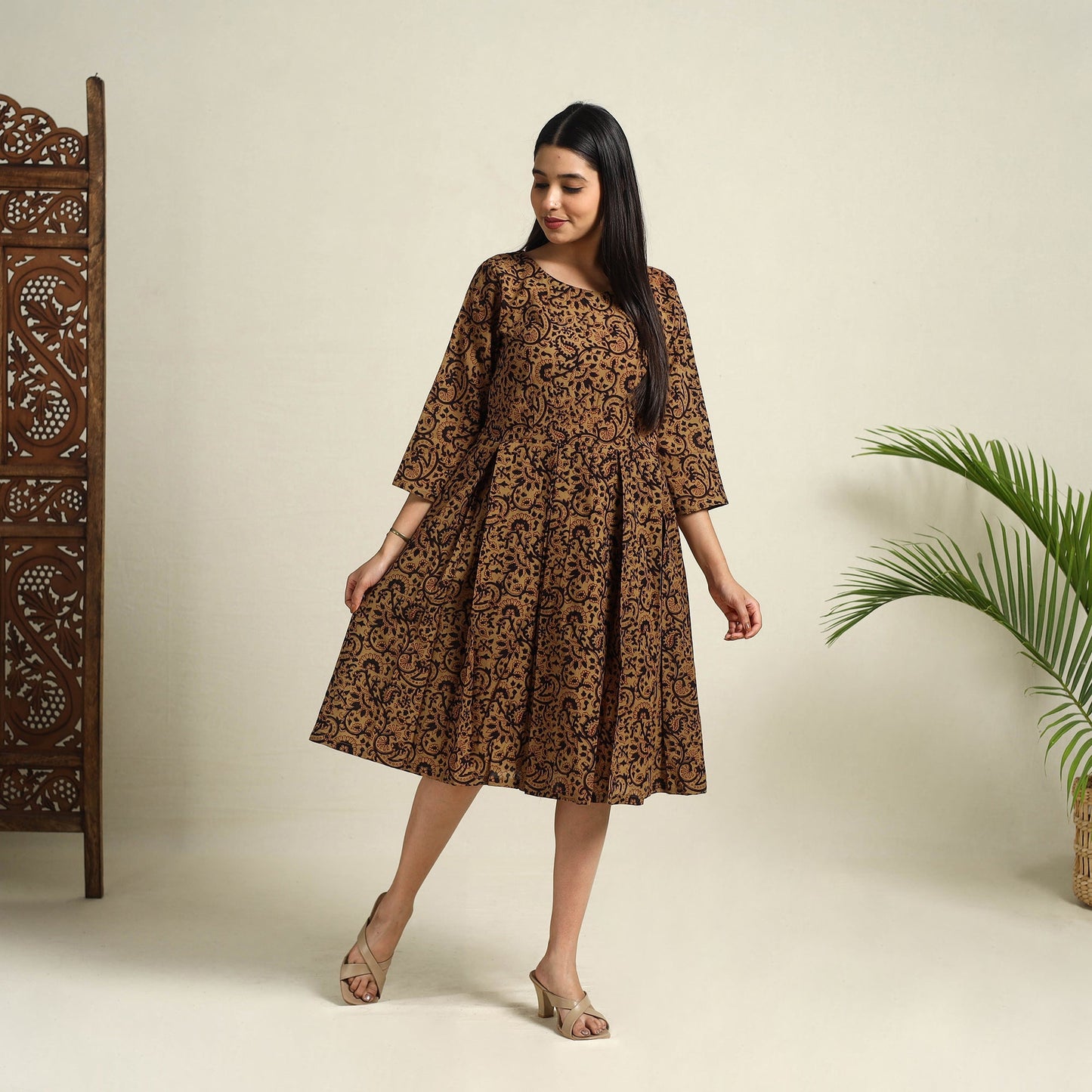  Brown Block Print Mul Cotton Short Flared Bagh Dress