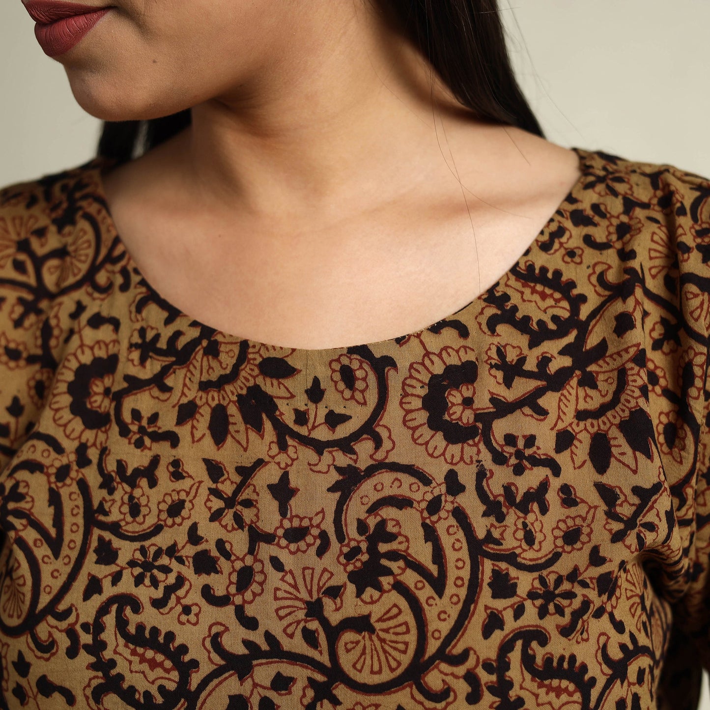  Brown Block Print Mul Cotton Short Flared Bagh Dress