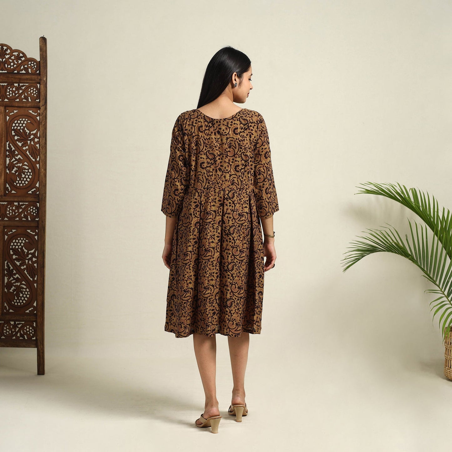  Brown Block Print Mul Cotton Short Flared Bagh Dress
