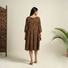  Brown Block Print Mul Cotton Short Flared Bagh Dress