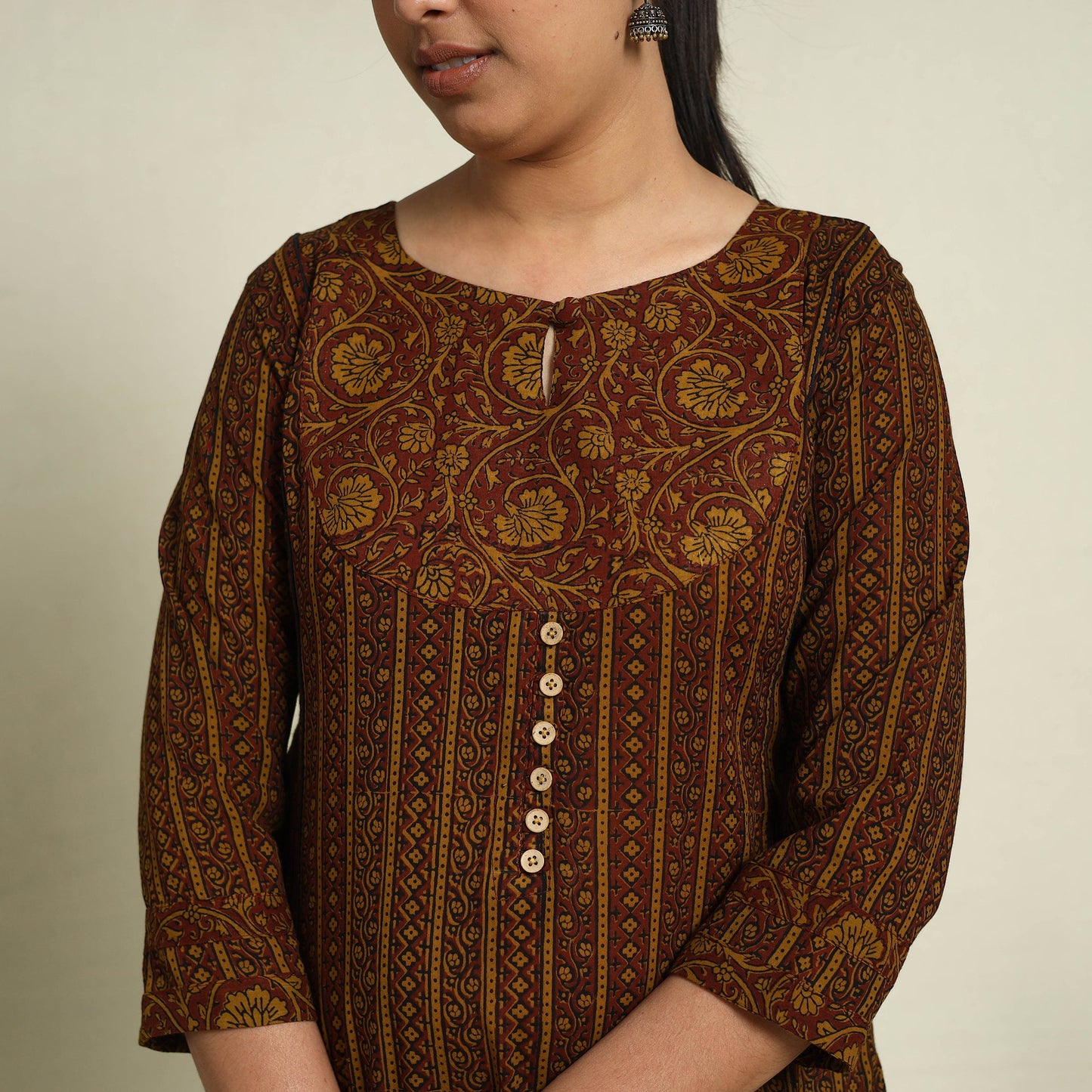 Buy Brown Block Print Mul Cotton Straight Bagh Kurta for Women
