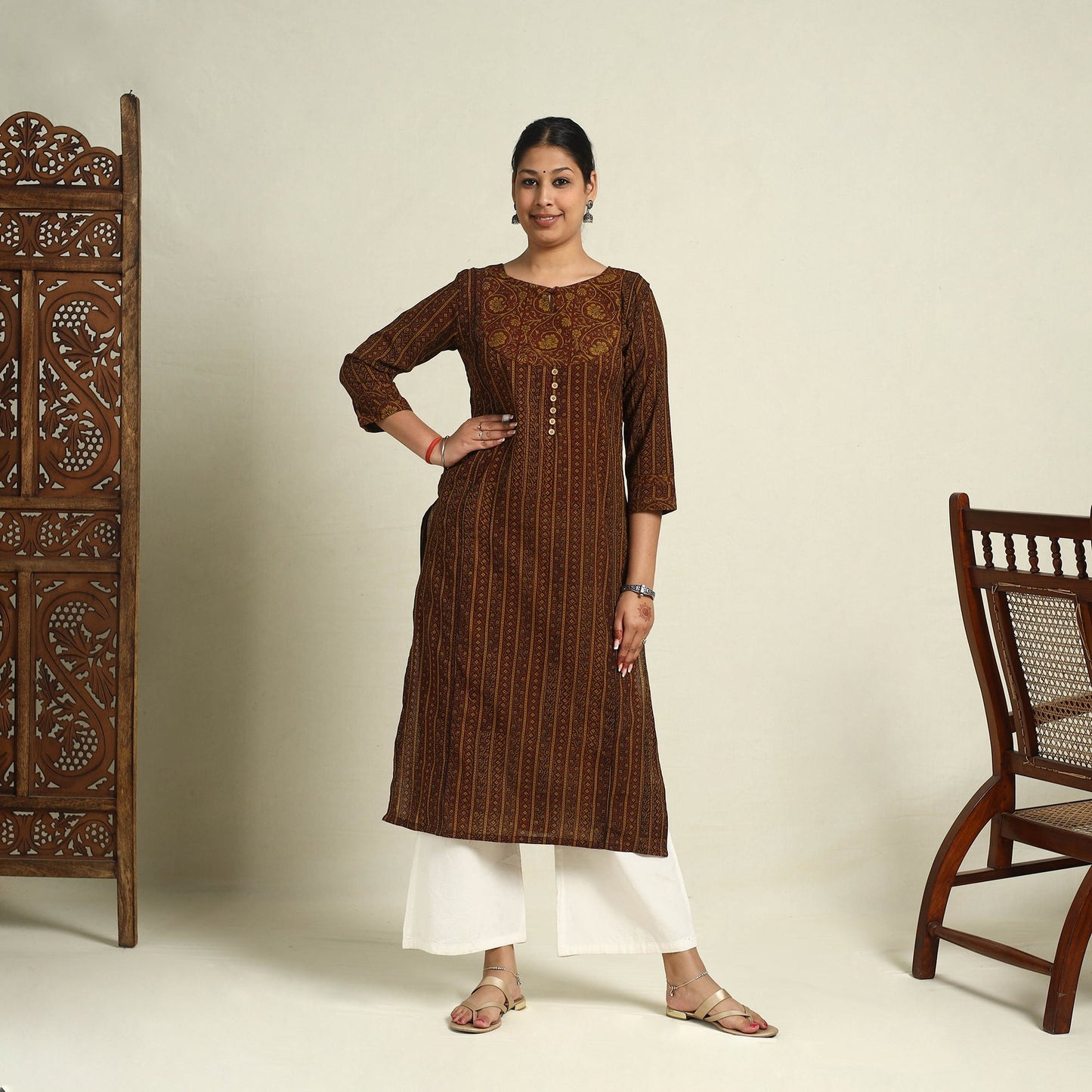 Buy Brown Block Print Mul Cotton Straight Bagh Kurta for Women