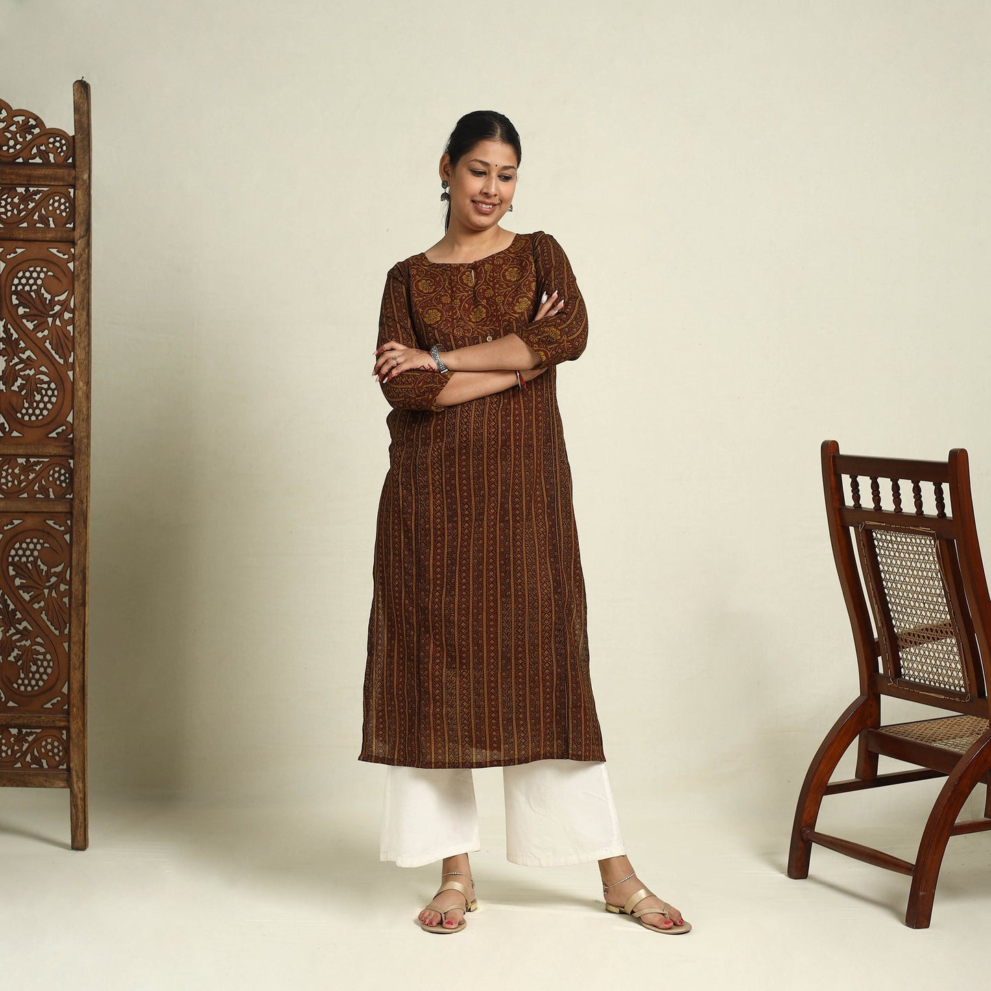 Buy Brown Block Print Mul Cotton Straight Bagh Kurta for Women