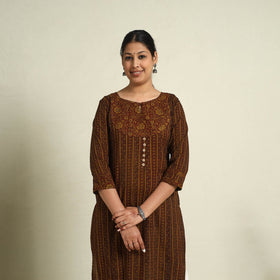 Buy Brown Block Print Mul Cotton Straight Bagh Kurta for Women