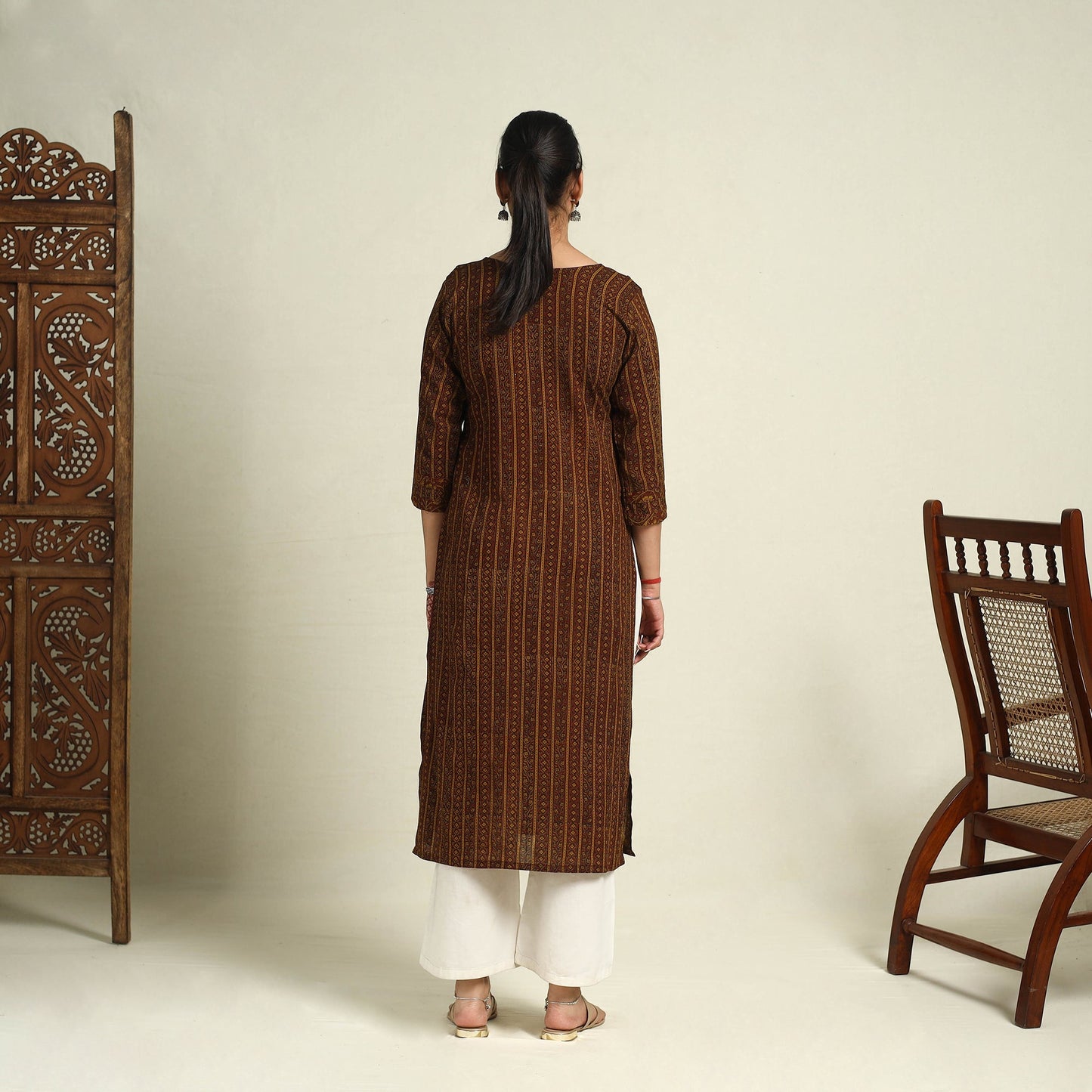 Buy Brown Block Print Mul Cotton Straight Bagh Kurta for Women