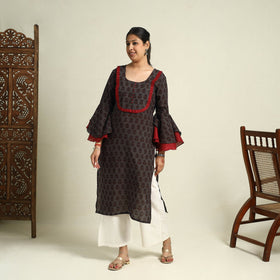  Brown Block Print Mul Cotton Straight Bagh Kurta for Women