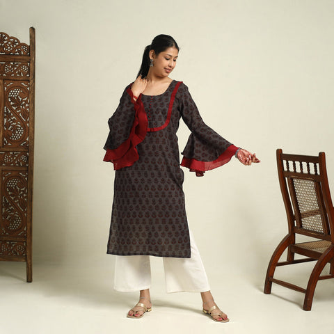  Brown Block Print Mul Cotton Straight Bagh Kurta for Women