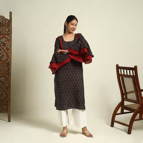  Brown Block Print Mul Cotton Straight Bagh Kurta for Women